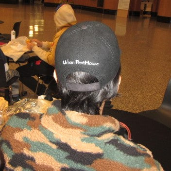 Back view of black Derby Bowler hat, Urban PentHouse embroidery in white, and suede back adjustable closure.