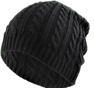 Close up of black fitted Cable Knit cap.