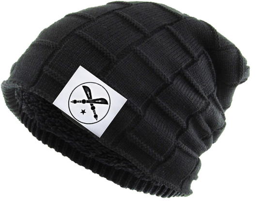 Intricate styled tight knit black Brooklyn Layered Beanie Slouch with Urban PentHouse logo label.