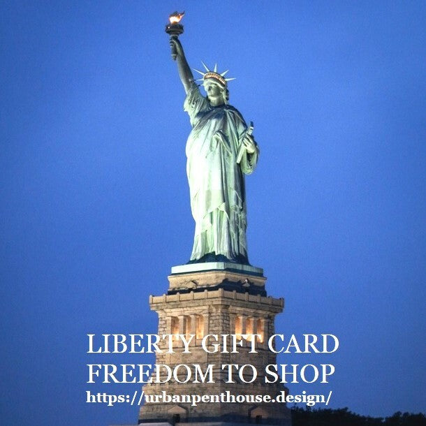 A digital gift card from Urban PentHouse Design with a scenic view  of the NY Statue Liberty at night.