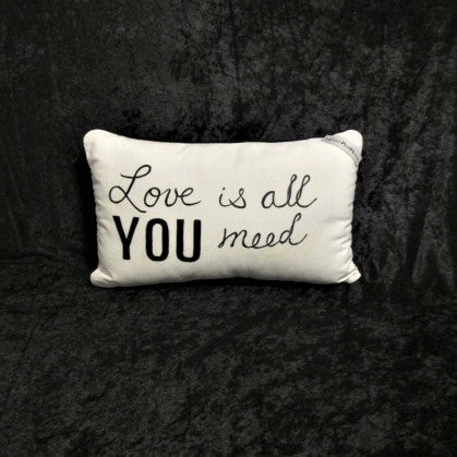 White cotton hand painted rectangular pillow saying Love is all you need.