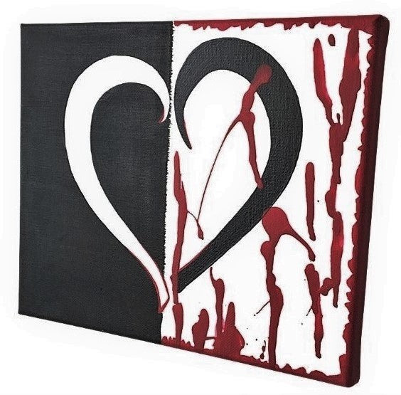 Left facing view of a centered bleeding  heart split in two with contrasting black and white, red abstract splatter on the right side.