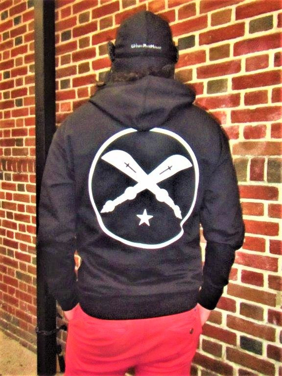 Logo on back of black essential graphic hoodie print in white.