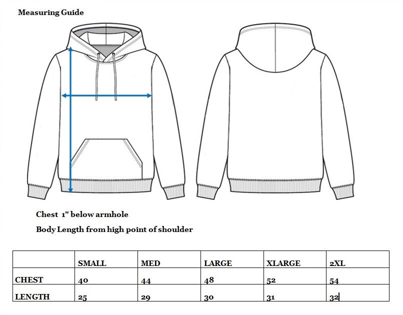 Hoodie chest and length measurement guide.