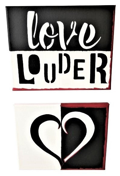Solid love canvas set, hand painted Love Louder in white and black, the other showing a heart shape in bold white and black, red accent borders.