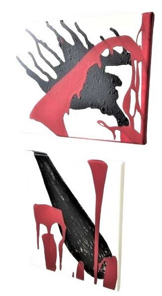 Left facing textured abstract set, featuring blown black paint with dripped red paint, second piece showing a bold black shape with dripped red accents.