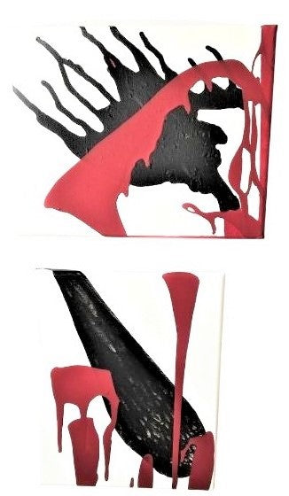 Textured abstract set, featuring blown black paint with dripped red paint, second piece showing a bold black shape with dripped red accents.