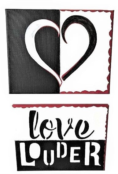 Transparent love canvas set,  hand painted  heart shape in bold white and black, red accent borders, Love Louder in white and black.