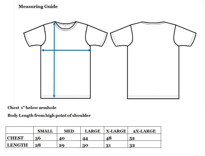 Tee shirt chest and length measurement guide.
