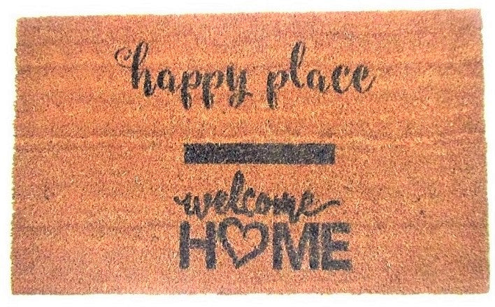 Natural fiber  welcome home doormat with black hand painted words Happy Place Welcome Home.