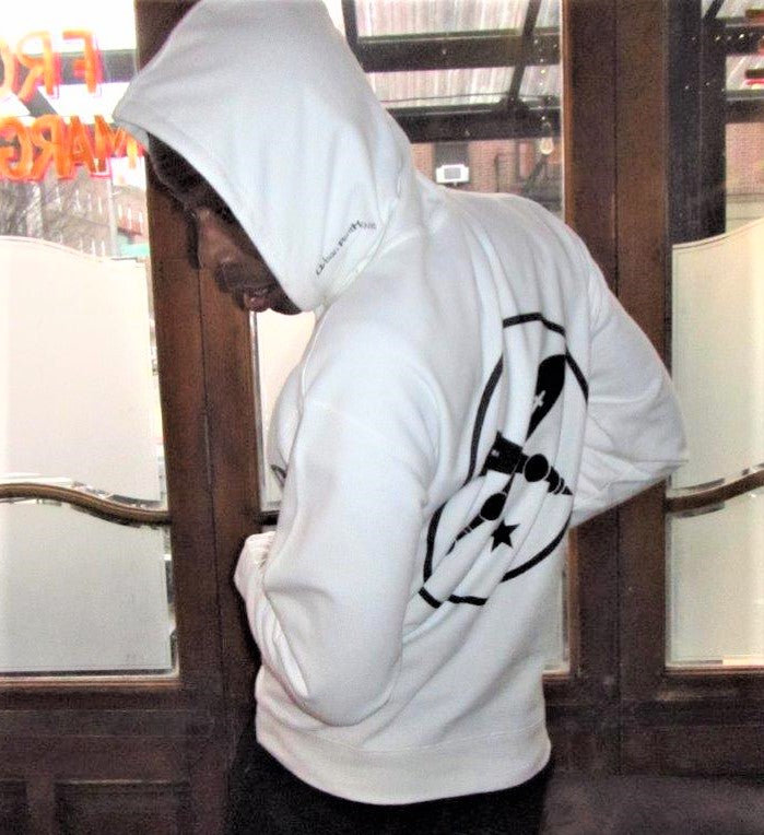 Logo on back of white essential graphic hoodie print in black.
