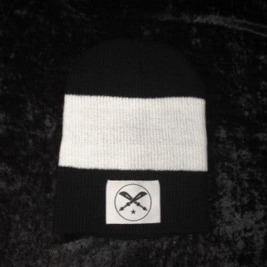 Black and white Bold Stripe Slouch hat with Urban PentHouse logo label, white with black embroidery.