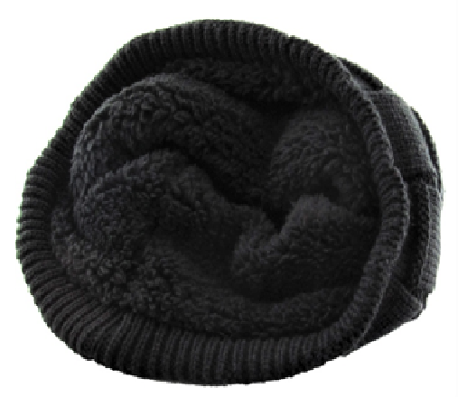 Inside of knit black Brooklyn Layered Beanie Slouch with furry sherpa lining.
