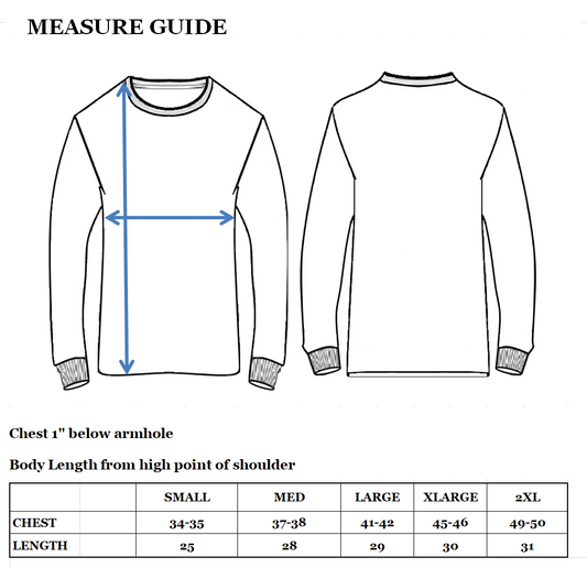 Tee shirt chest and length measurement guide.
