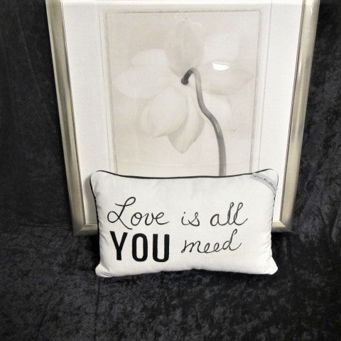White cotton Love comfort rectangular pillow, hand painted  words Love is all you need in black.