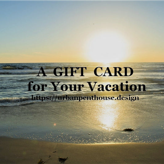 A digital gift card from Urban PentHouse Design for your vacation, presented with a scenic beach backdrop.