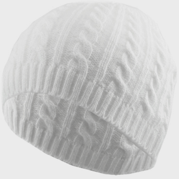 Close up of white fitted Cable Knit cap. 