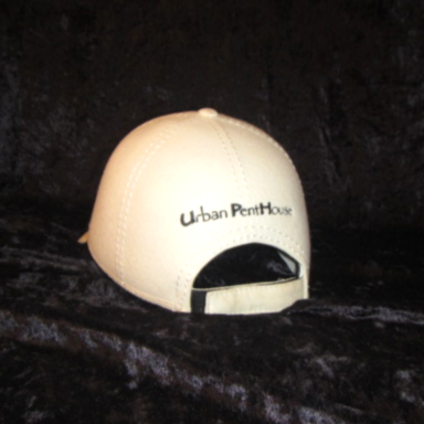 Back view of winter white Derby Bowler hat with suede brim, Urban PentHouse embroidery in black and suede adjustable closure.