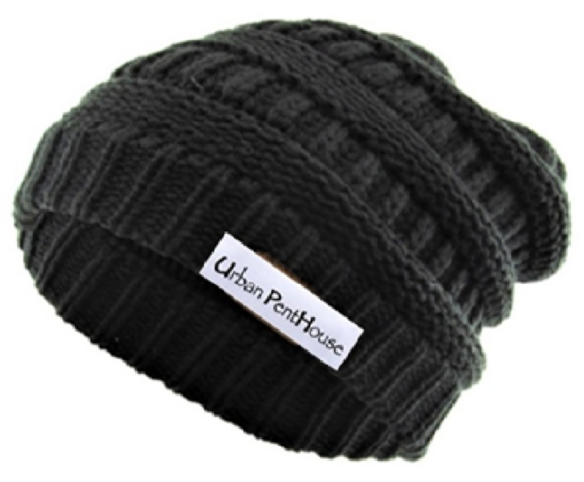 Intricate loose knit black ribbed Brooklyn Beanie Slouch with Urban PentHouse label.