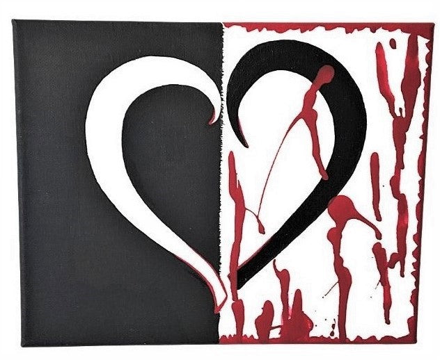 Front view of a centered bleeding  heart split in two with contrasting black and white, red abstract splatter on the right side. 