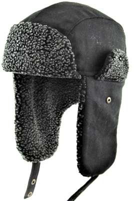 Side view of black and grey Crowned Shelter hat with ear flaps and snap closure.