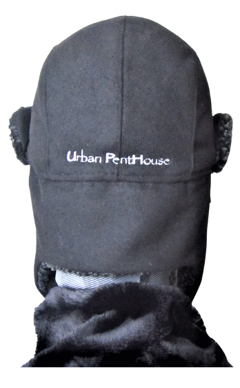 Back view of black and grey Crowned Shelter hat with Urban PentHouse embroidery in white.
