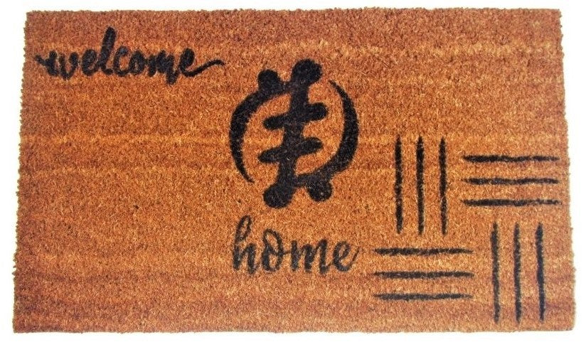 Natural fiber mat with Welcome Home,  Gye Nyame symbol, and cultural side markings hand painted in black,  house plant for decor.