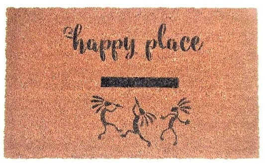 Natural fiber Happy Koko doormat with black hand painted words Happy Place featuring Kokopelli dancers.