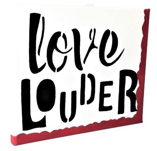 Right facing angle view of white background, black hand painted Love Louder black with red right side and bottom border.