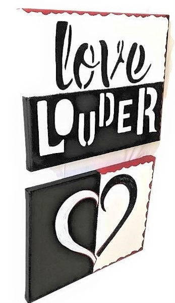 Right facing transparent love canvas set,  hand painted  heart shape in bold white and black, red accent borders, Love Louder in white and black.