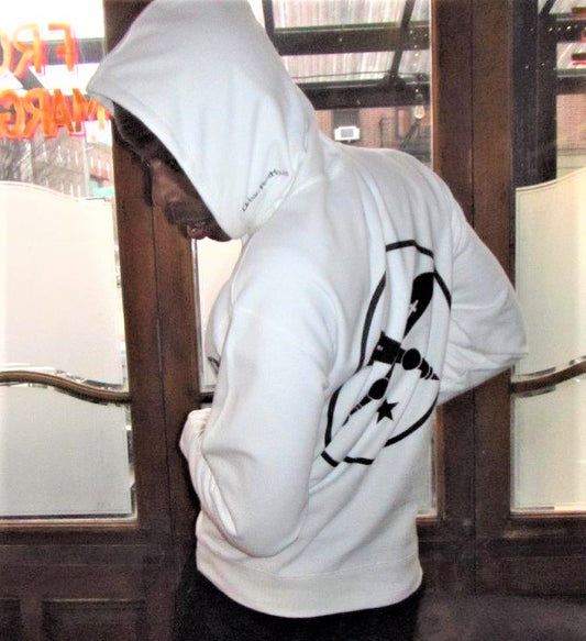 Logo on back of white essential graphic hoodie print in black.